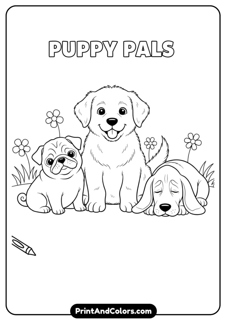 Simple outline drawing of multiple puppies sitting together, ready to print for coloring pages