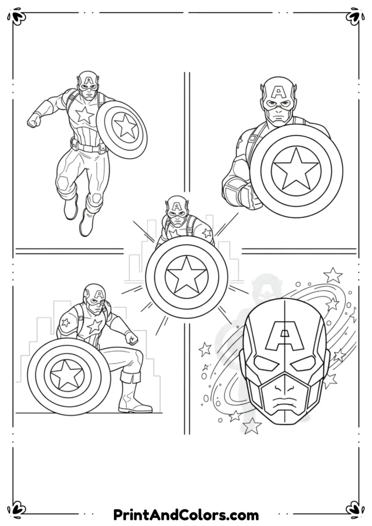 Multiple simple Captain America designs in black and white outlines, shield featured prominently.