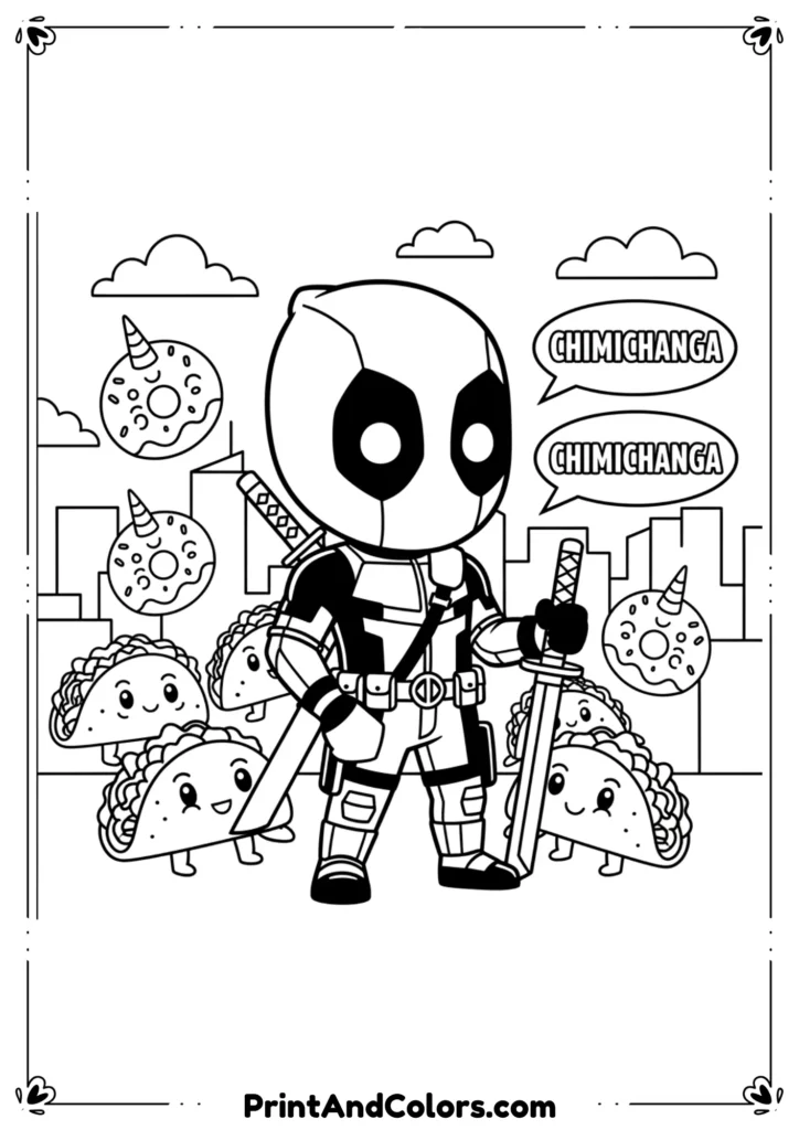 Deadpool standing with one hand in pocket, holding katana in the other, black-and-white cool comic outlines.