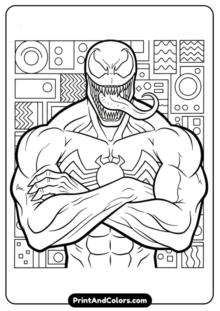 Stylish Venom pose with arms crossed, tongue curling, comic-style design. Background with abstract patterns