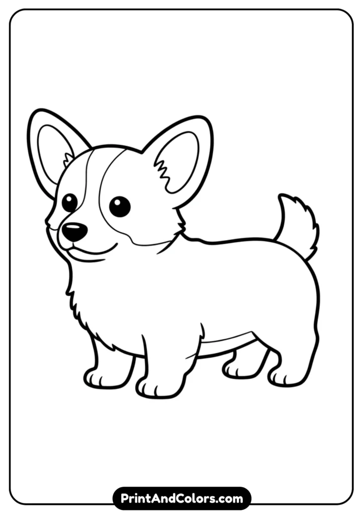 Black and white outline of a Corgi puppy standing with short legs and big ears. Simple design for coloring.