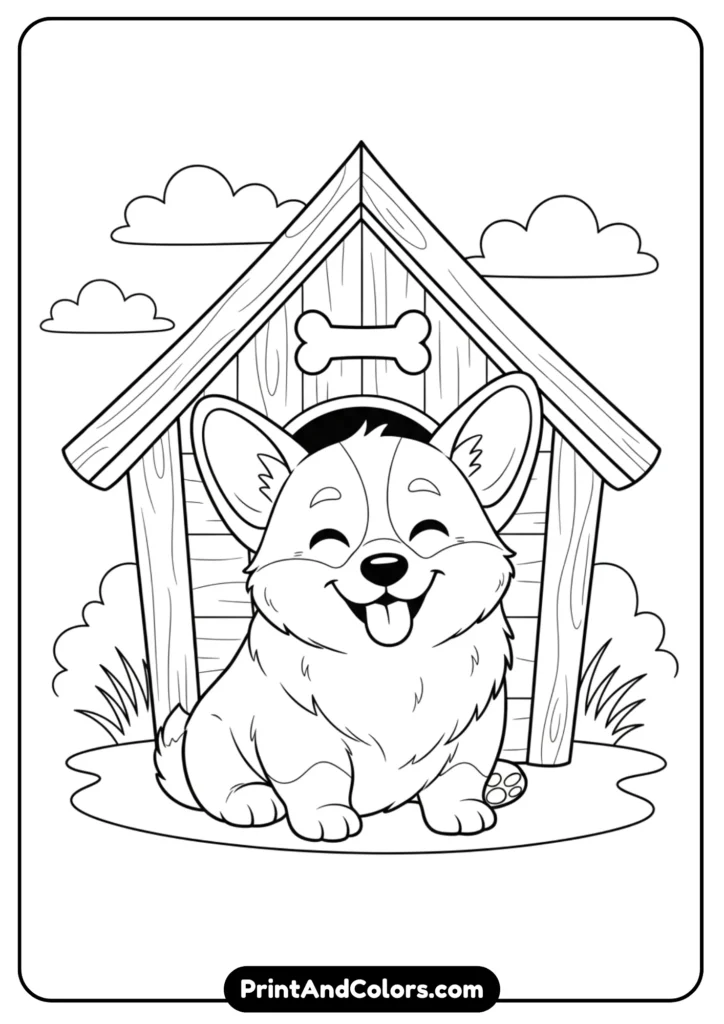 Line art of a Corgi puppy sitting in front of a doghouse with a happy face. Black and white outlines for coloring.