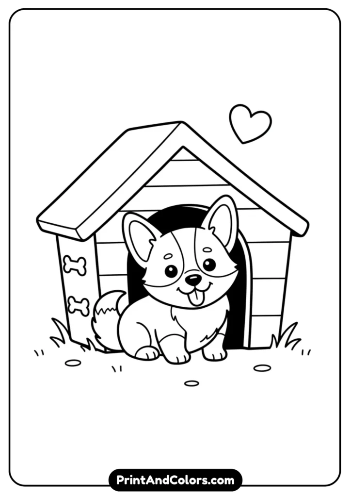 Black and white outline of a Corgi puppy sitting inside a small doghouse. Simple, playful design for coloring pages.