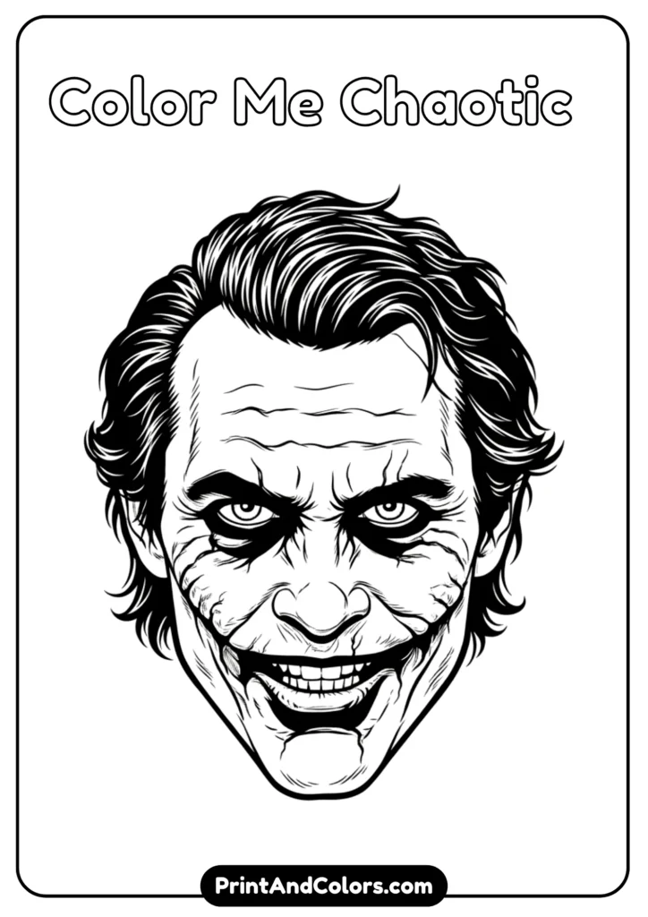 Realistic Heath Ledger Joker face, black and white line art with deep expression and scars.