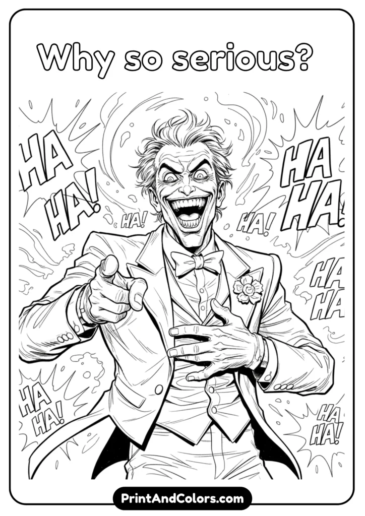 Joker pointing and laughing with crazy expression, black and white sketch with bold outlines.