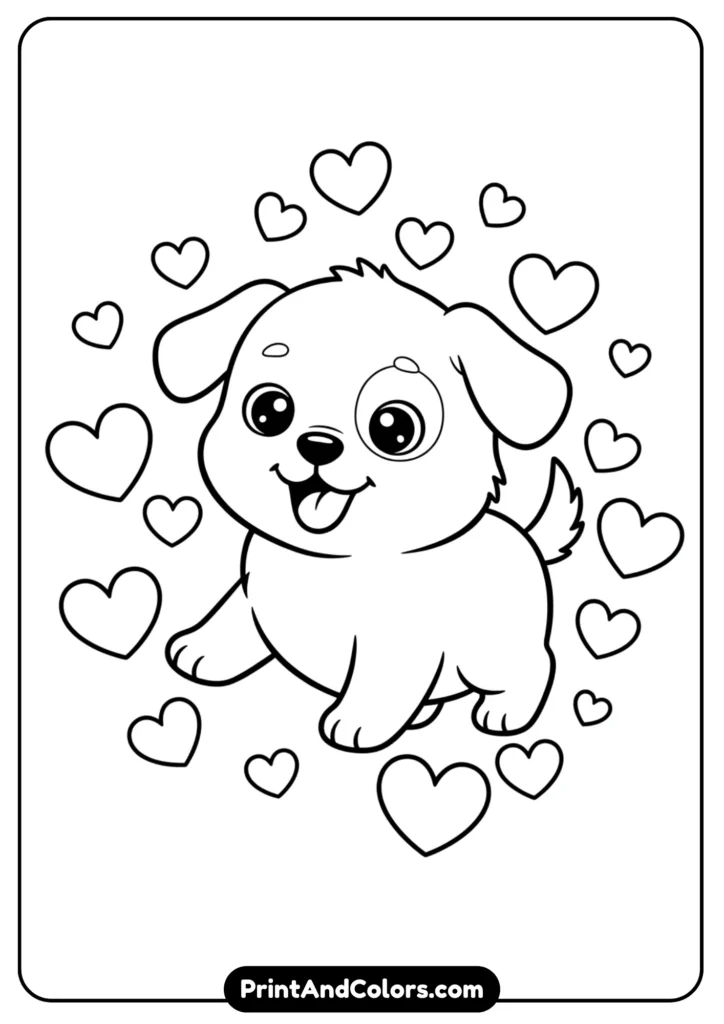 Black and white kawaii-style outline of a happy puppy surrounded by floating hearts. Cute design, simple outlines for kids’ coloring pages.
