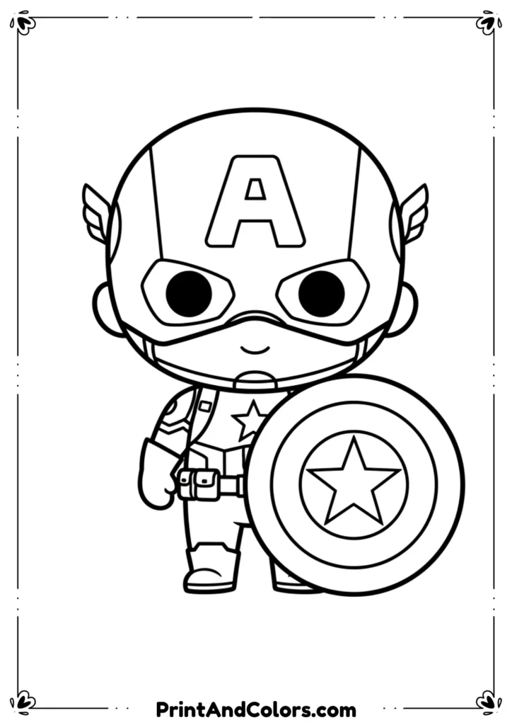 Chibi-style cute Captain America with round face and oversized shield, simple cartoon outlines.