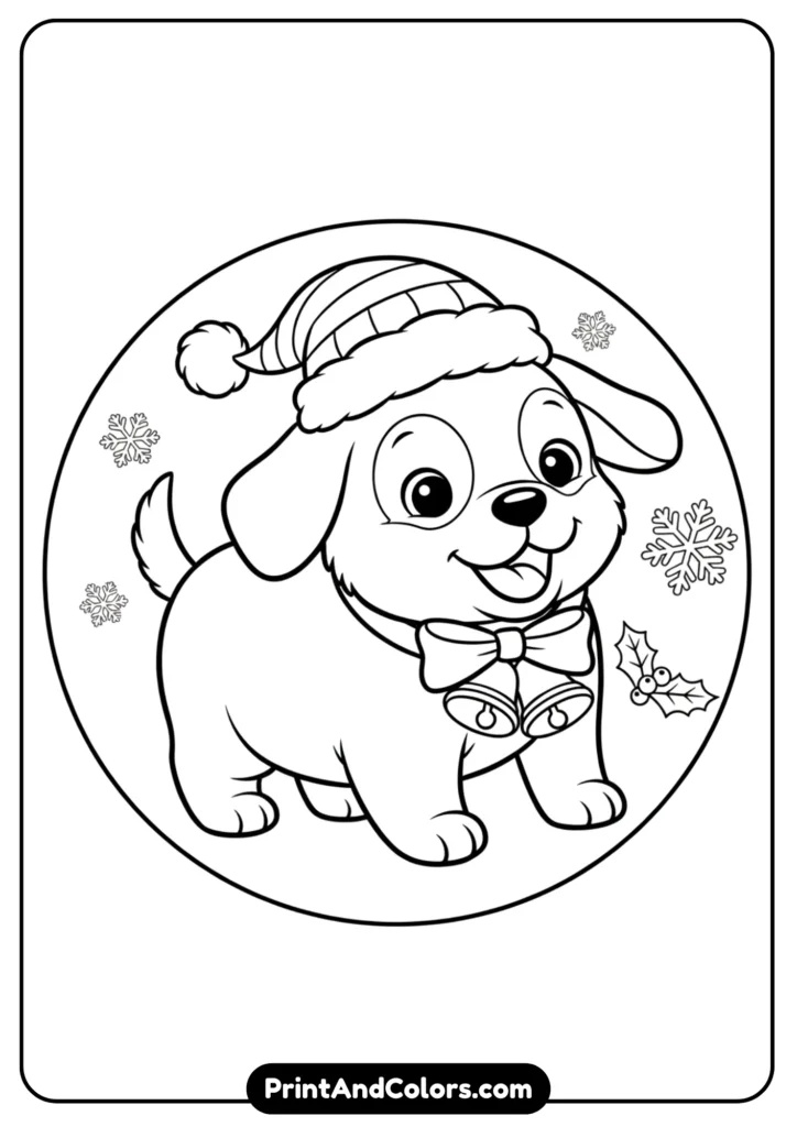Outline art of a cute puppy wearing a Santa hat with Christmas bells. Black and white simple design for coloring