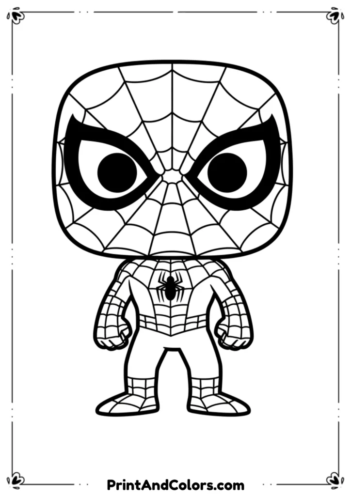 Funko Pop Spider-Man in oversized cute figure design, standing proudly, easy outlines.