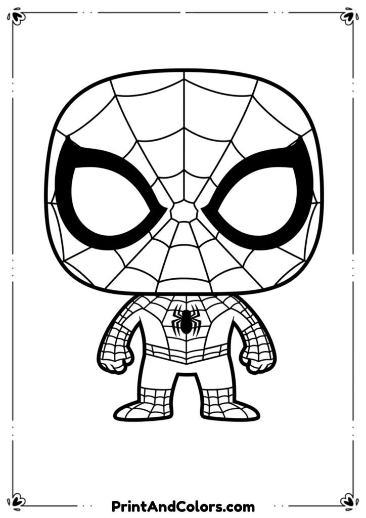 Funko Pop style Spider-Man standing with wide eyes, oversized head, simple outlines for kids.