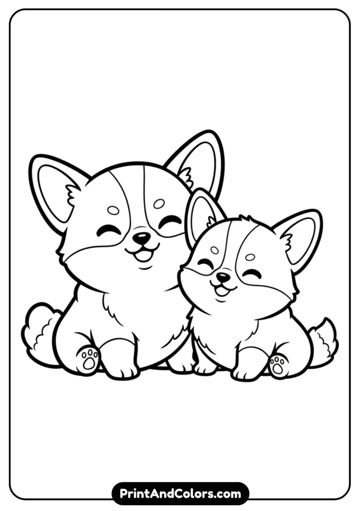 Chibi-style outline of two kawaii Corgi puppies sitting side by side with round faces and smiling eyes. Black and white lines for coloring