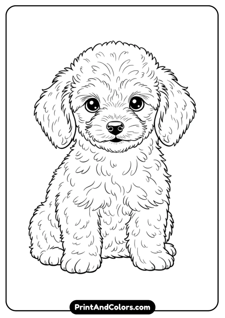 Black and white outline of a small Poodle puppy with fluffy fur and curly ears. Clean lines for coloring.