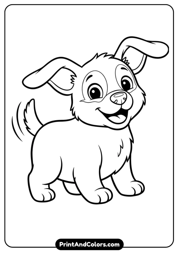 Outline drawing of a smiling puppy dog with floppy ears and wagging tail. Black and white design for coloring