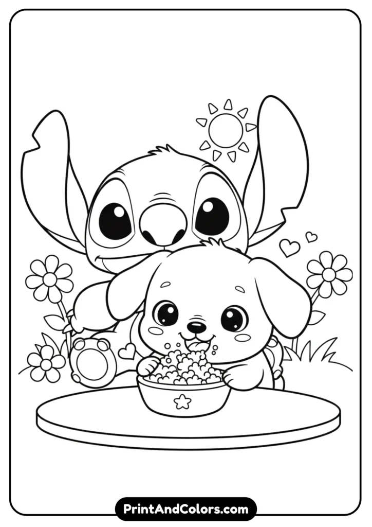 Chibi puppy with Stitch cartoon outline for coloring page