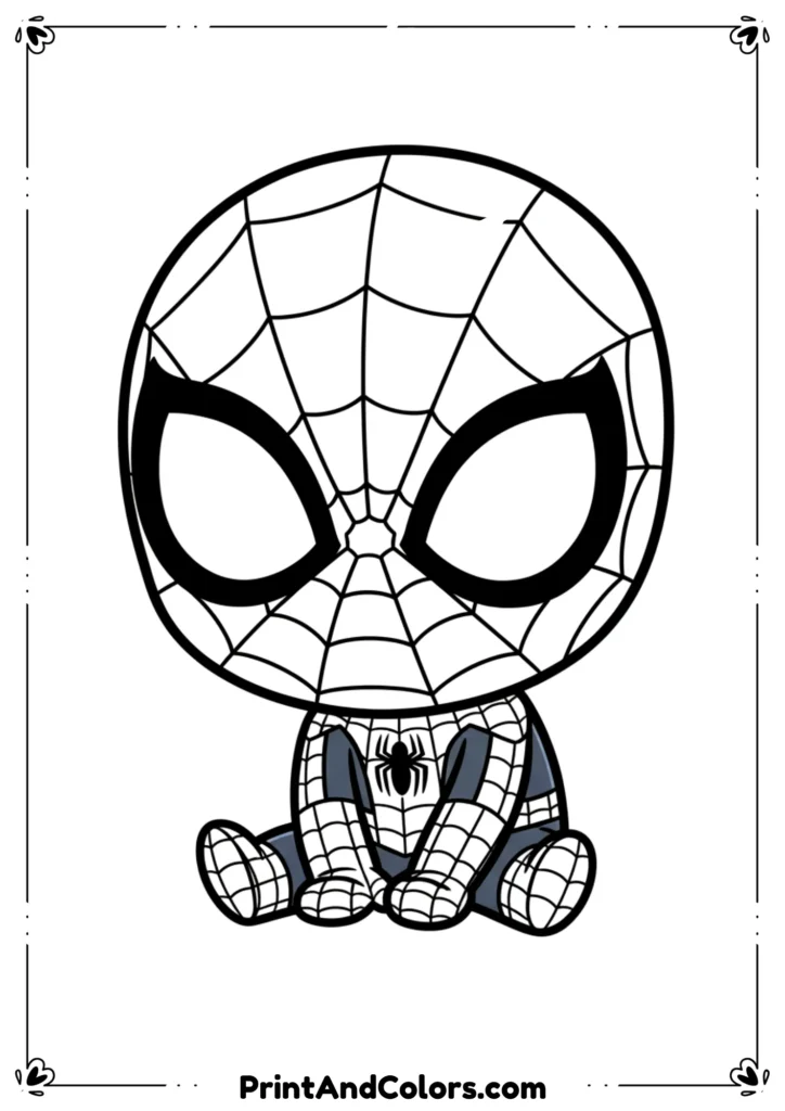 Adorable chibi-style Spider-Man sitting with big expressive eyes, simple bold lines for kids to color.