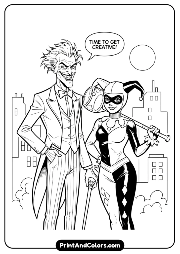 DC Comics Joker standing next to Harley Quinn, both in line art black and white for coloring.
