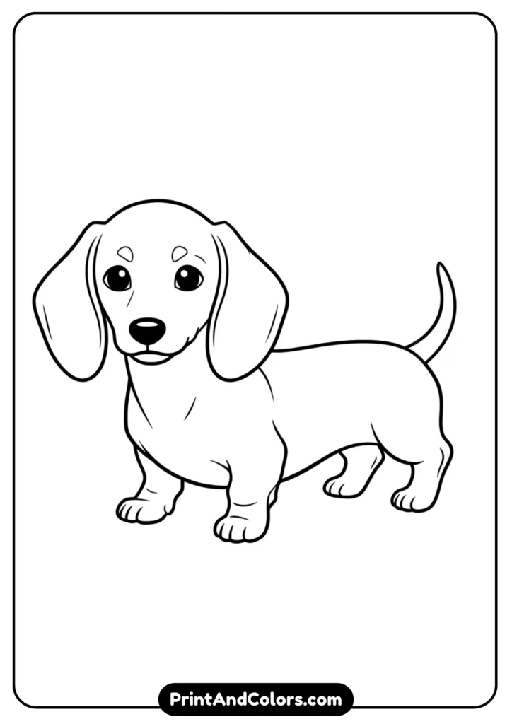 Line art of a Dachshund puppy standing with long body and floppy ears. Simple black and white outlines for coloring