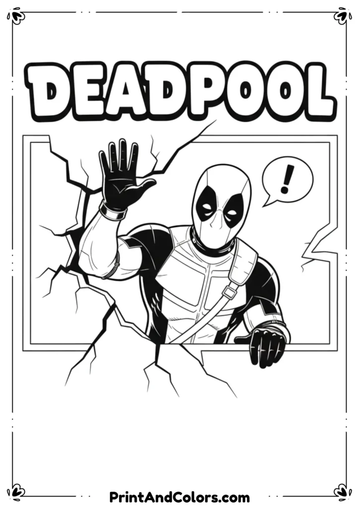 Deadpool peeking out of the comic panel, waving at audience, outlined in bold black-and-white line art.