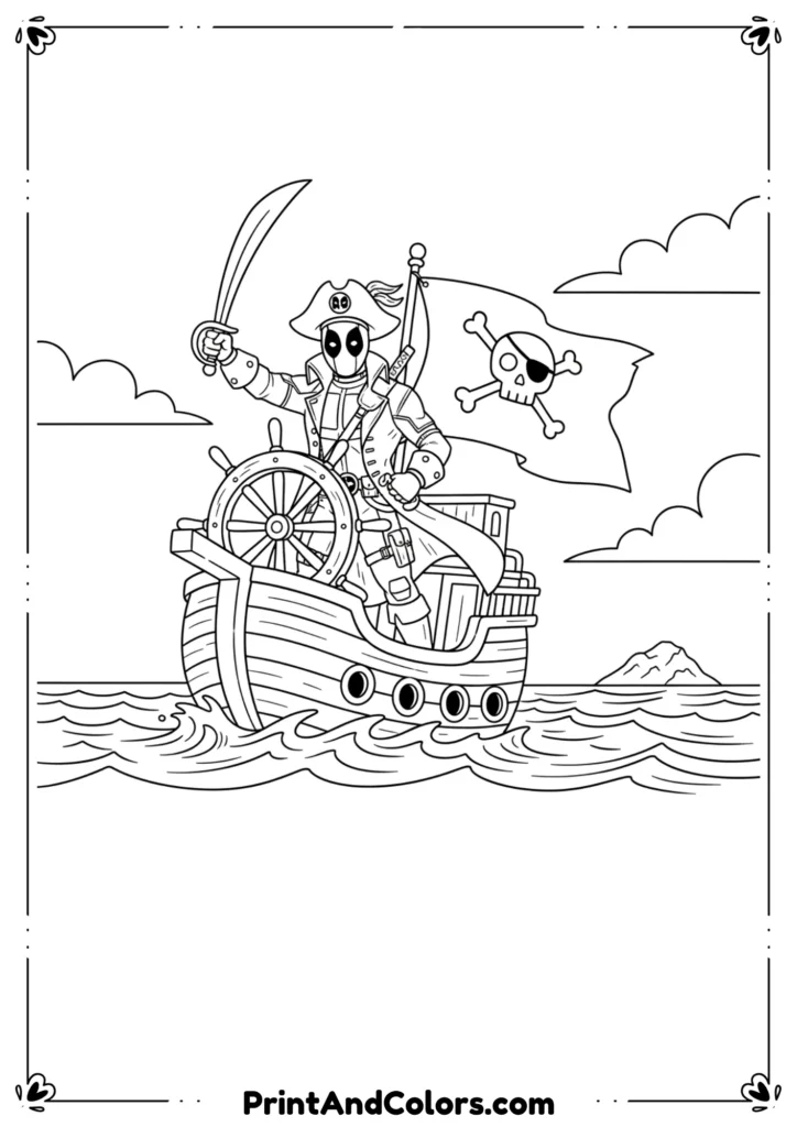 Deadpool dressed as pirate captain steering a ship wheel, pirate hat and sword, detailed black-and-white outlines.