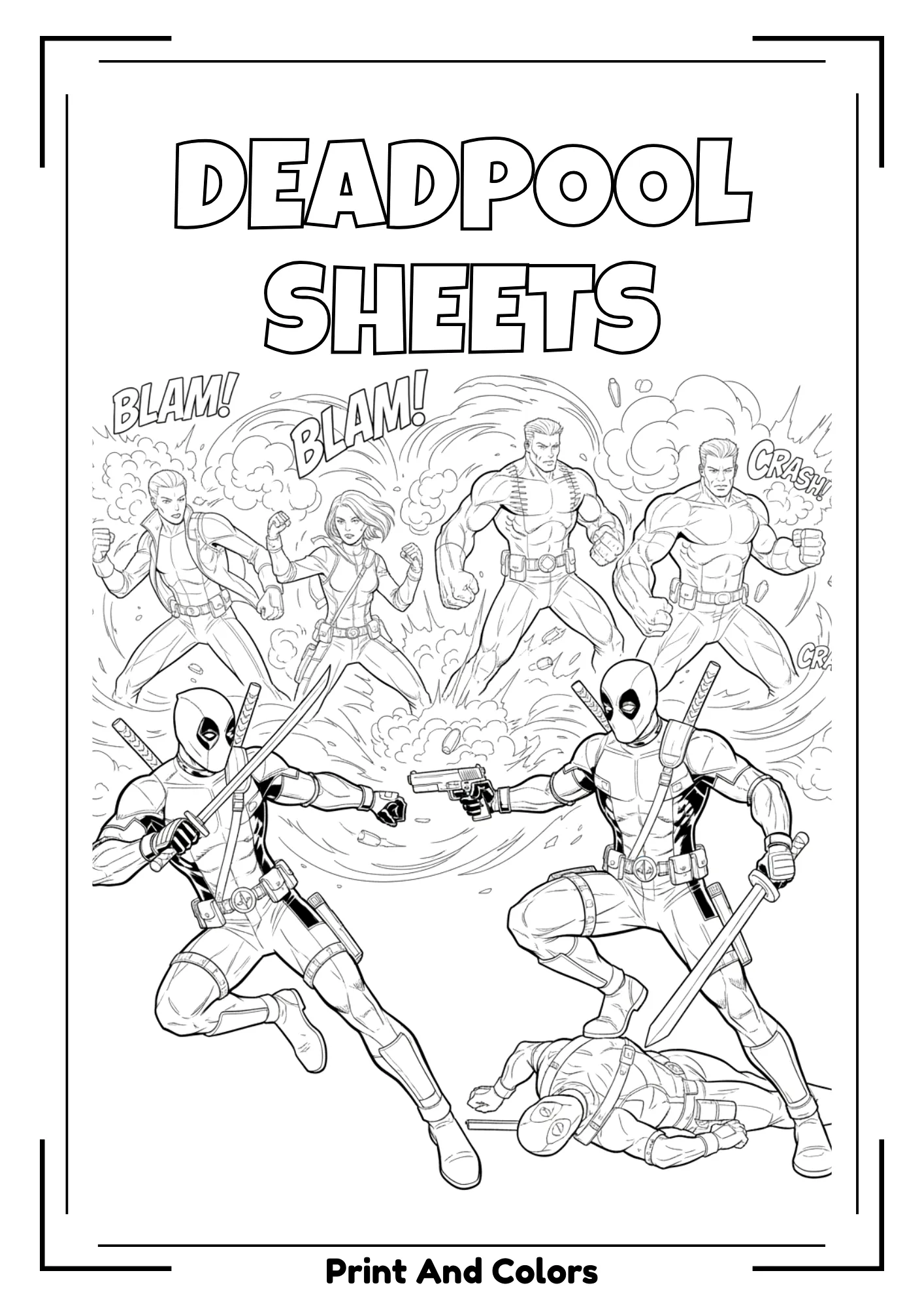 Deadpool coloring page in black and white line art with superhero character