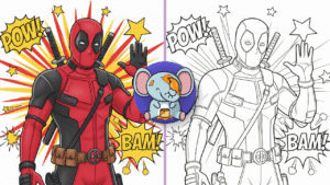 Printable black and white Deadpool coloring page outline featuring Deadpool in a funny action pose with katanas on his back and comic-style background elements.