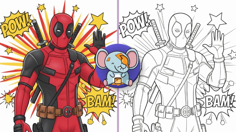 Printable black and white Deadpool coloring page outline featuring Deadpool in a funny action pose with katanas on his back and comic-style background elements.