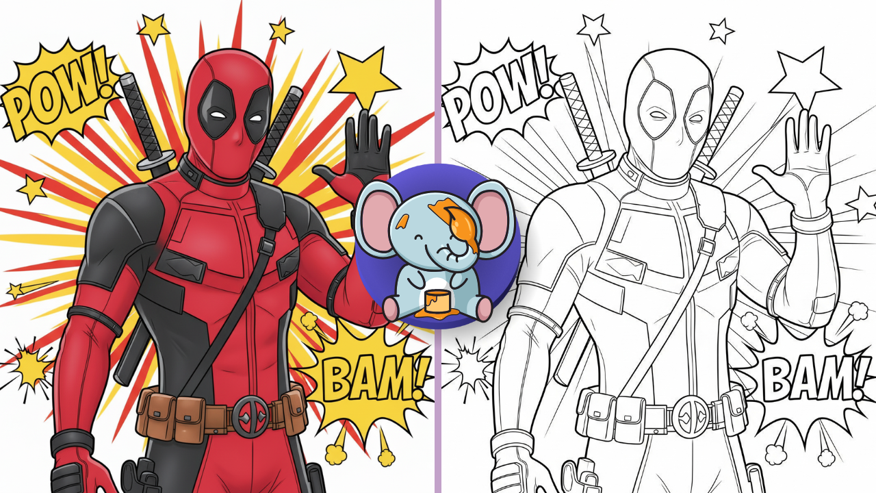 Printable black and white Deadpool coloring page outline featuring Deadpool in a funny action pose with katanas on his back and comic-style background elements.