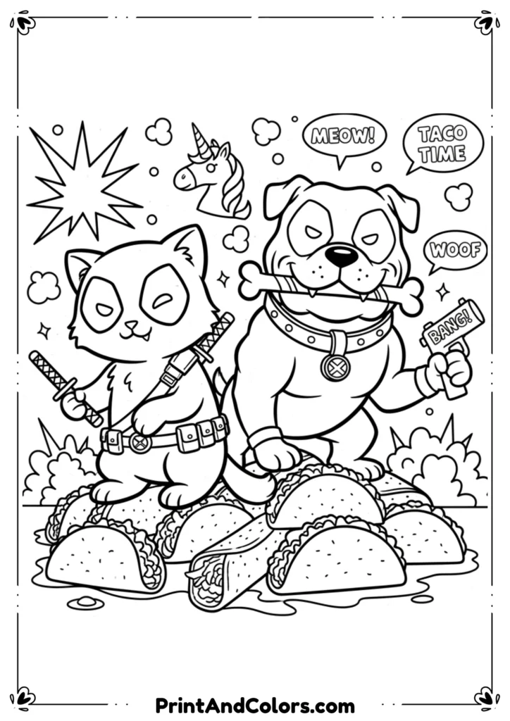 Highly detailed Deadpool action pose, comic-style line art with complex outlines, black-and-white designed for advanced coloring.