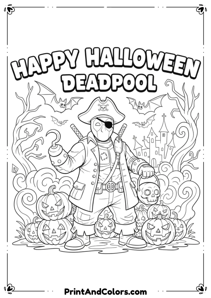 Deadpool dressed in Halloween costume with pumpkins and bats around, bold black-and-white outlines.