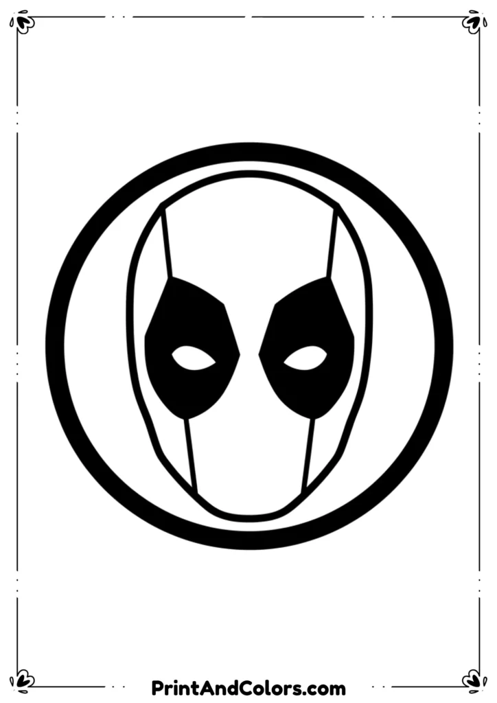 Black-and-white outline of the Deadpool mask logo, circular frame, bold and easy to color.