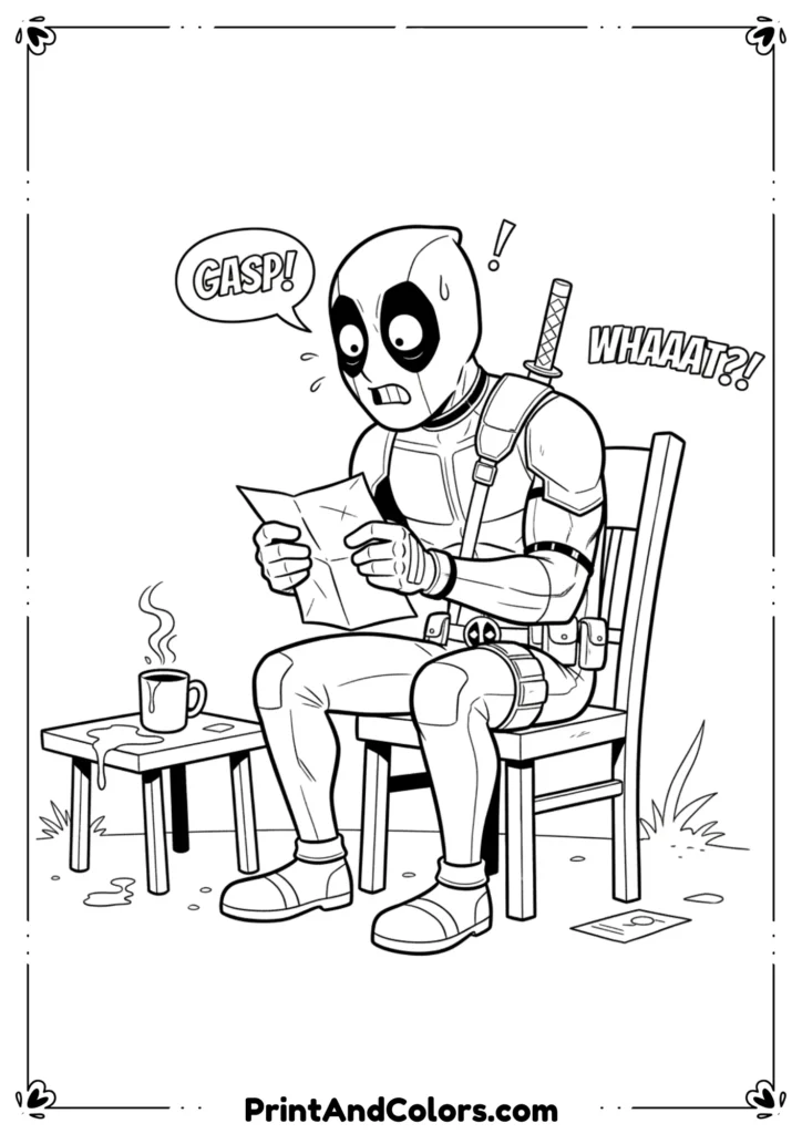 Deadpool sitting on a chair reading a letter with exaggerated comic expression, outlined in bold black-and-white style.