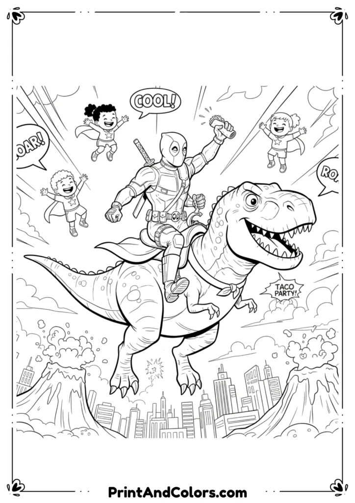 Deadpool riding on top of a dinosaur, holding sword in hand, comic-style line art in black-and-white.