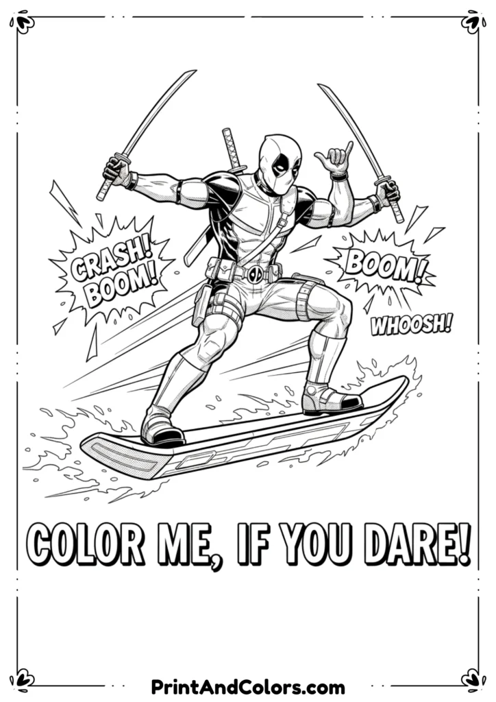 Deadpool balancing on a hoverboard with comic action pose, outlined in bold black-and-white line art for coloring.