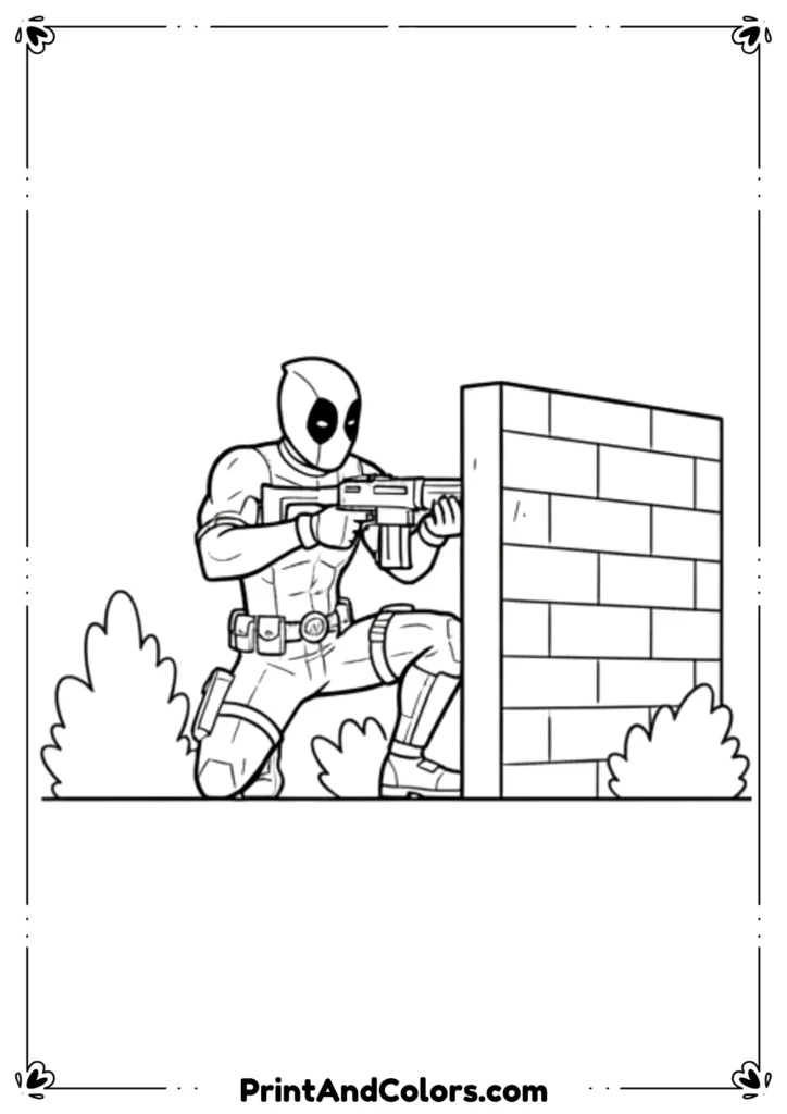 Deadpool in action stance holding gun pointed forward, bold black-and-white comic outlines with strong details for coloring.
