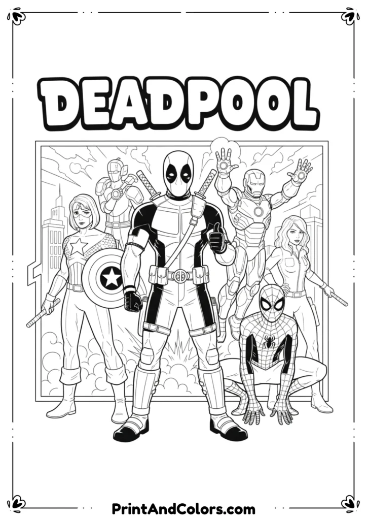 Deadpool standing with multiple Marvel superheroes in team pose, outlined in bold black-and-white comic line art.