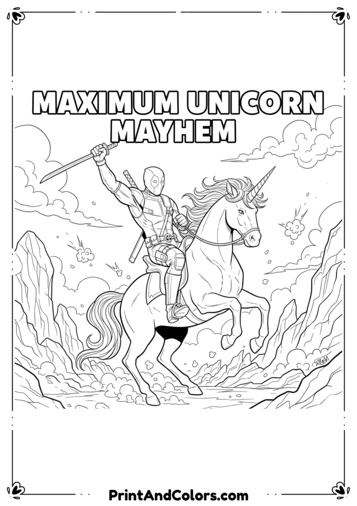 Deadpool riding a unicorn, waving his sword in excitement, outlined in bold black-and-white line art.