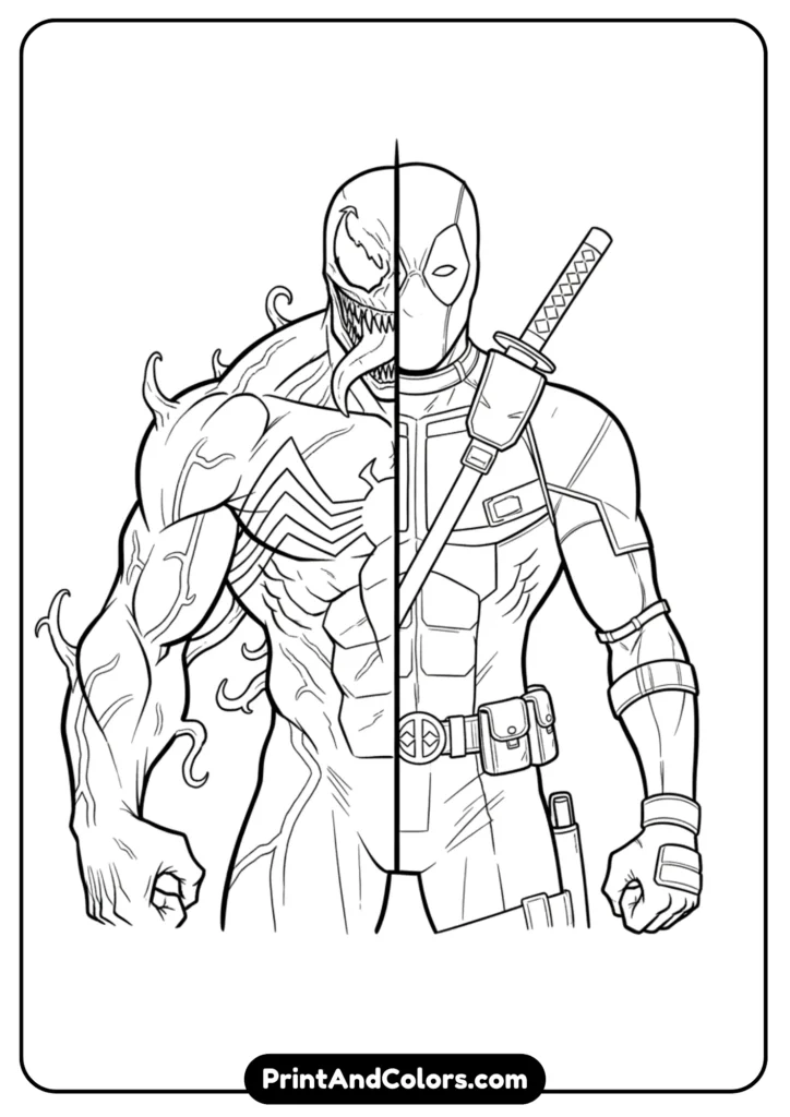 Funny mashup of Deadpool merged with Venom, mask half symbiote, half Deadpool. Cartoon-comic outline art