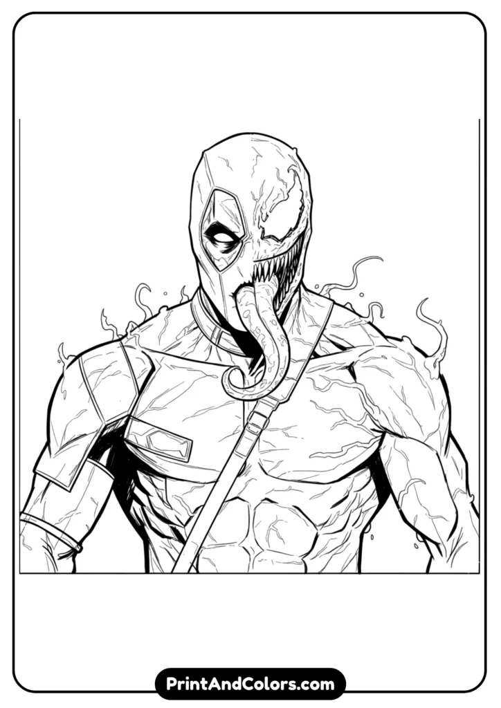 Deadpool merged with Venom symbiote, funny and scary mix. Mask half Deadpool, half Venom, with tongue sticking out