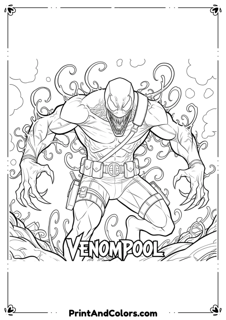 Deadpool fully merged with Venom symbiote, scary yet detailed comic outlines in bold black-and-white.