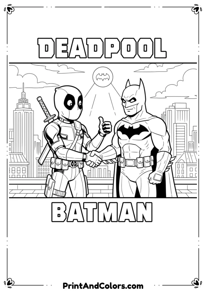 Deadpool shaking hands with Batman, superhero crossover scene in bold black-and-white outlines.
