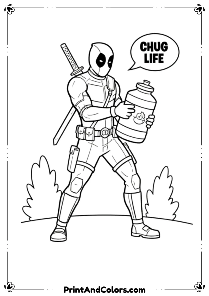 Deadpool standing next to Colossus in superhero stance, strong comic outlines, black-and-white for coloring.