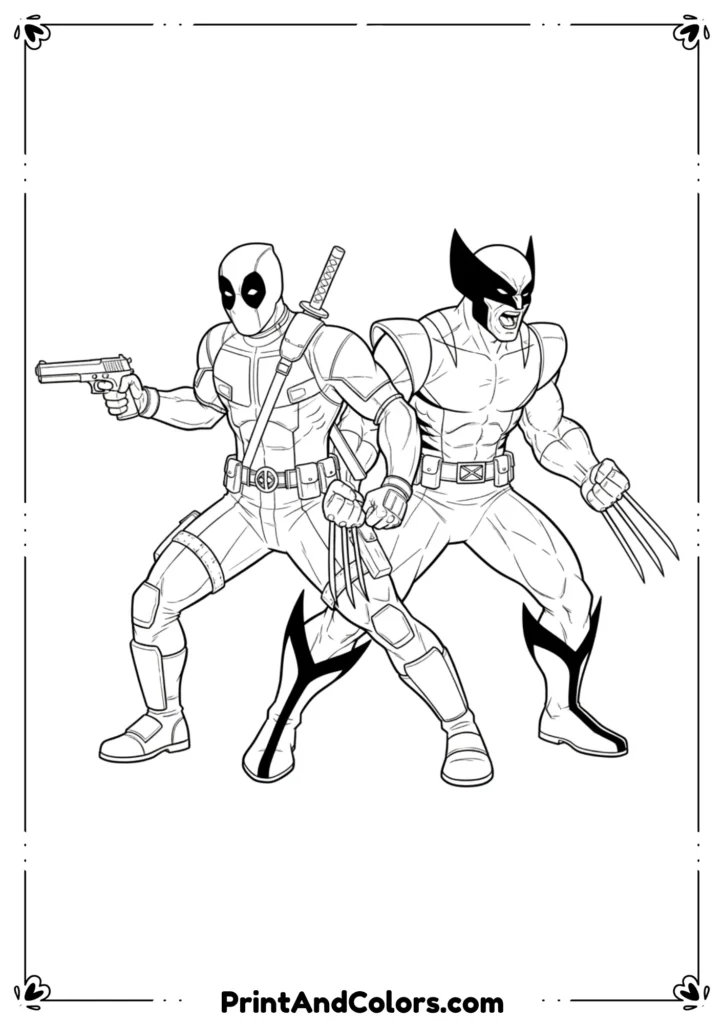 Line art illustration of Deadpool and Wolverine standing side by side, both in action poses, clear outlines, detailed costumes, perfect for superhero coloring.