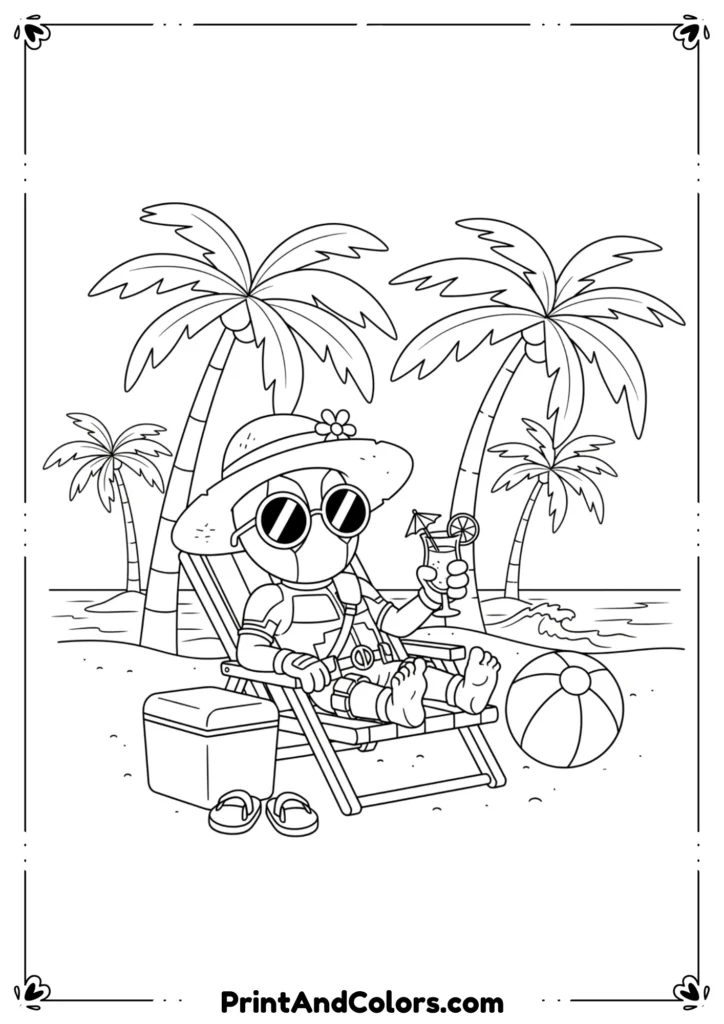 Deadpool relaxing on a beach chair with sunglasses and a drink, palm trees in background, black-and-white line art with playful details.