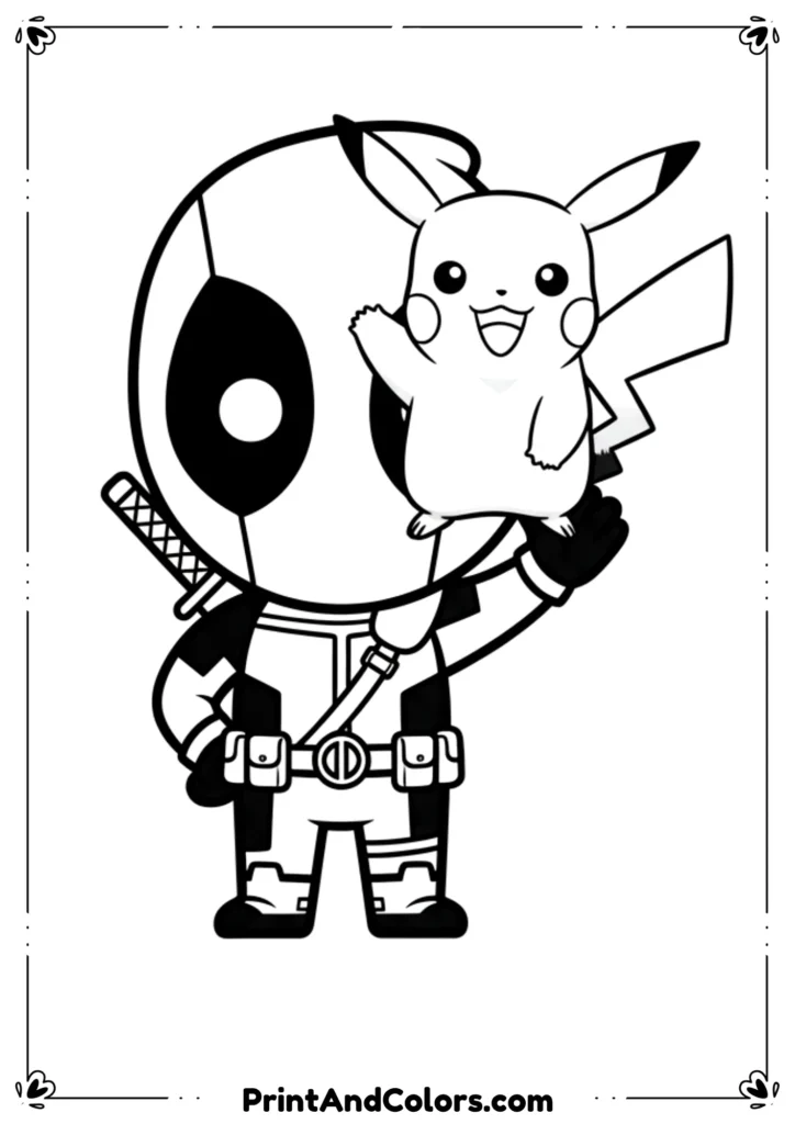Deadpool holding Pikachu on his shoulder, fun cartoon crossover design, outlined in bold black-and-white.