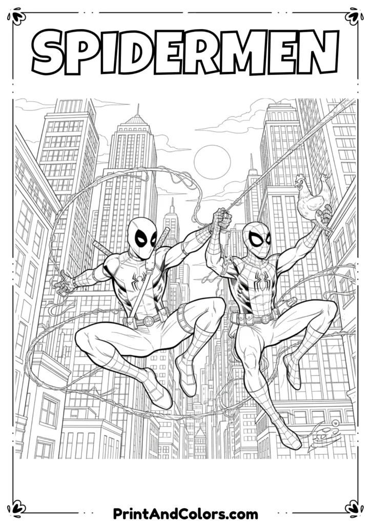 Line art illustration of Deadpool and Spider-Man swinging together on webs, action comic outlines, black-and-white design.