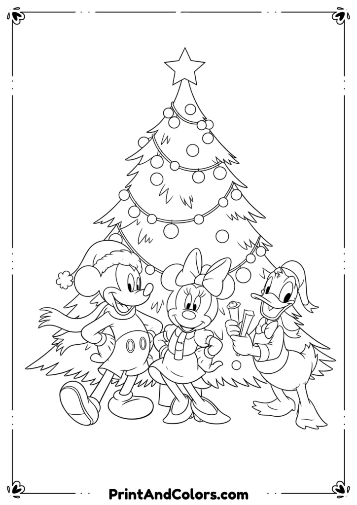 Outline drawing of Disney characters like Mickey, Minnie, and Donald Duck celebrating Christmas around a tree.