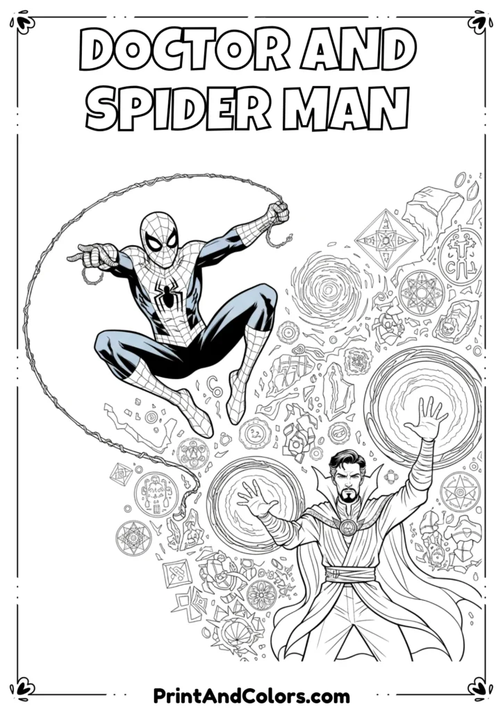 Outline art of Spider-Man swinging with Doctor Strange casting a spell, magical details in the background.