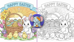 Feature image for Easter coloring pages with bunny, eggs, chicks, flowers, and cross in a festive spring scene.