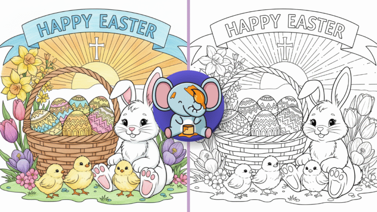 Feature image for Easter coloring pages with bunny, eggs, chicks, flowers, and cross in a festive spring scene.