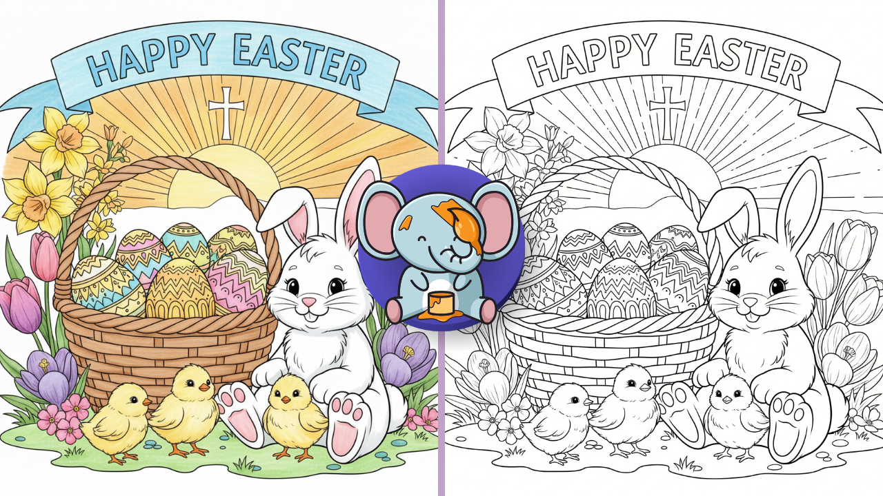 Feature image for Easter coloring pages with bunny, eggs, chicks, flowers, and cross in a festive spring scene.